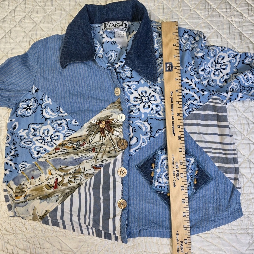 Womens Medium Boho Chic Coastal Patchwork Beaded Wood Cropped Button Up Shirt - Picture 5 of 14